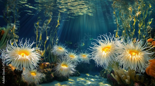 Vibrant Underwater Anemones in Sunlit Coral Reef photo