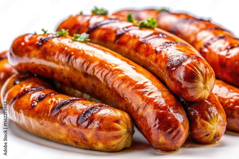 Macro detail: perfectly grilled sausages, isolated, showcasing delicious texture and irresistible appeal. Macro detail: perfectly grilled sausages, isolated, showcasing delicious texture and irresistible appeal.