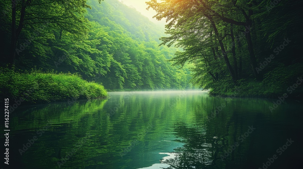 Obraz premium Serene River Flowing Through Lush Green Forest