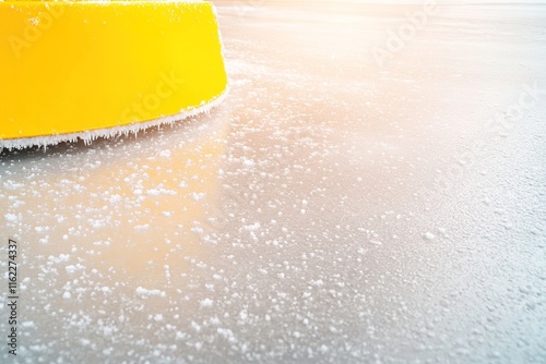 close-up of snowplow rotating salt spreader in motion vibrant yellow details contrasting against icy surroundings