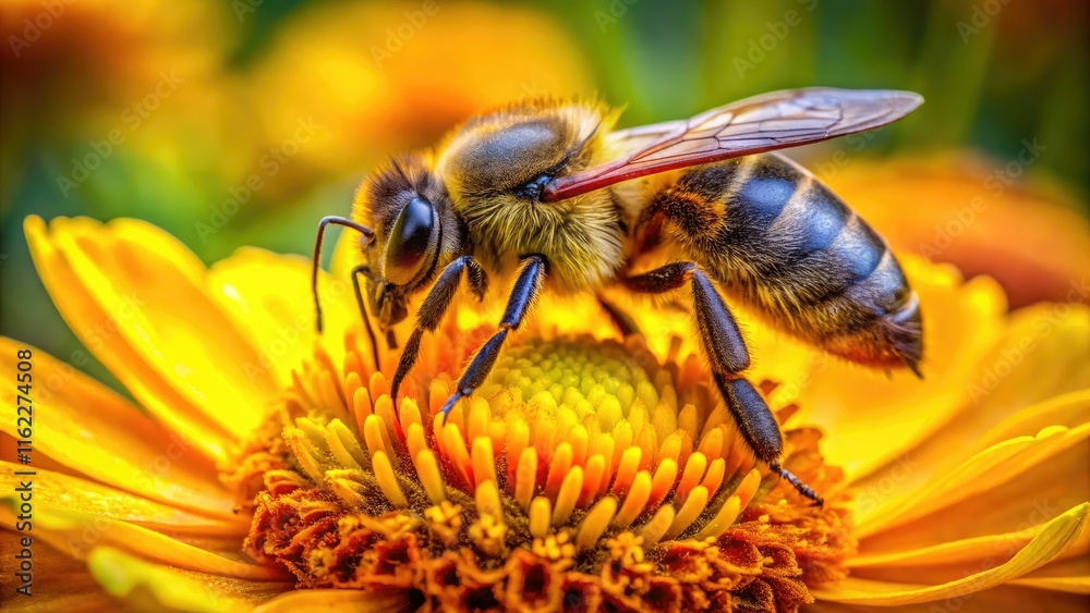 Macro lens captures a bee immersed in a sun-drenched yellow bloom, a pollination moment frozen in time. Macro lens captures a bee immersed in a sun-drenched yellow bloom, a pollination moment frozen in time.