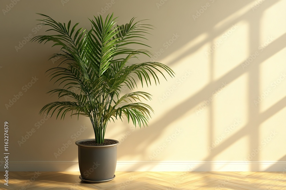 Obraz premium Sun-drenched interior corner with palm plant, evoking calm and serenity.
