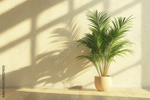 Sun-drenched interior corner with palm plant, evoking calm and serenity.