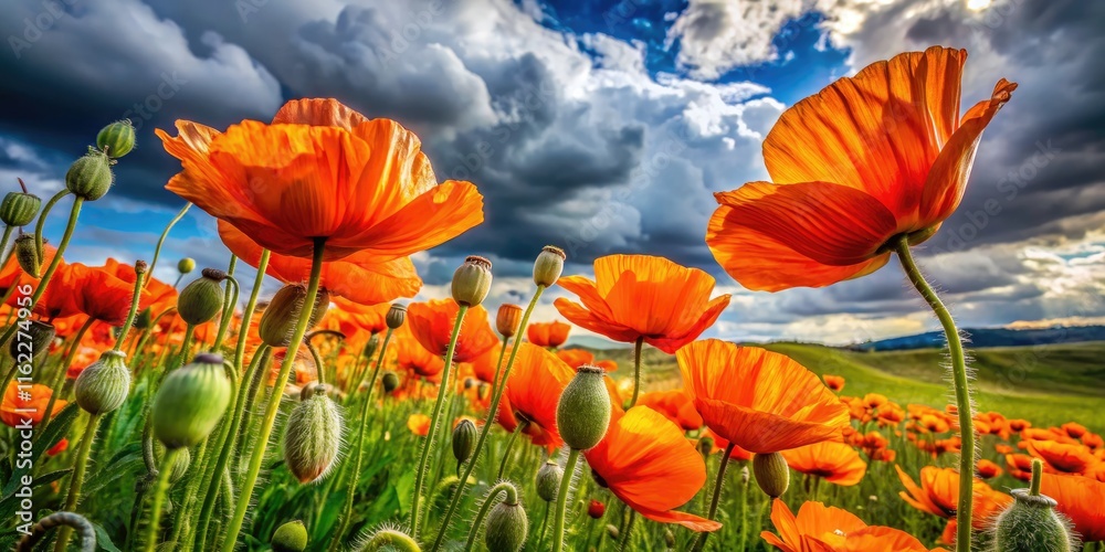 Obraz premium Macro lens captures a field of wild orange poppies, nestled in rolling green hills under a cloudy sky.