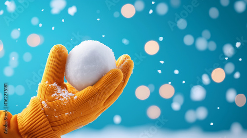 hand in orange glove holds snowball against blurred blue background with falling snowflakes and soft bokeh lights, evoking playful winter atmosphere