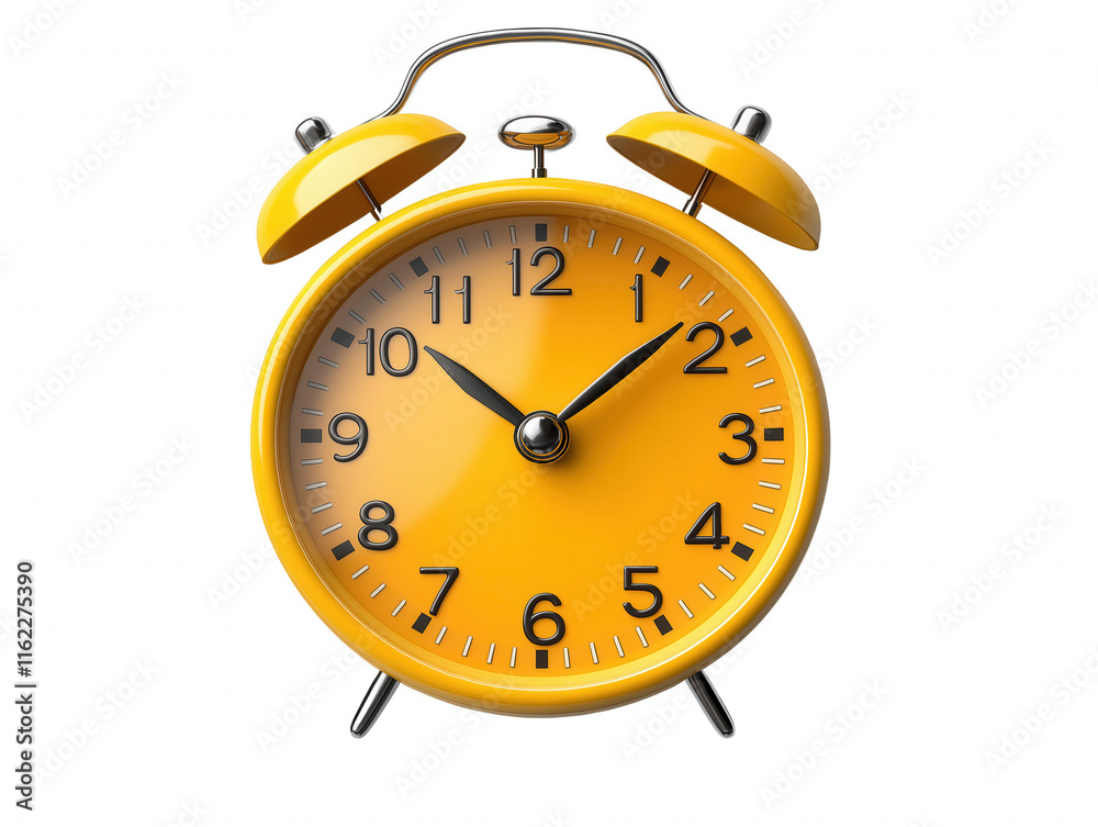 A yellow alarm clock with the time of 10:30 A yellow alarm clock with the time of 10:30