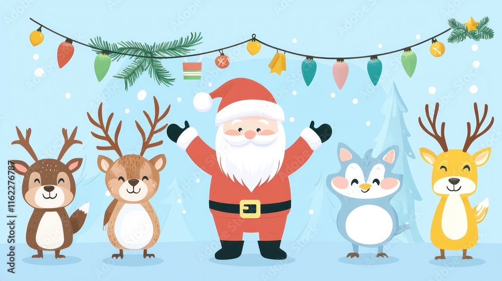 Naklejka premium Festive scene with Santa and cheerful animals.