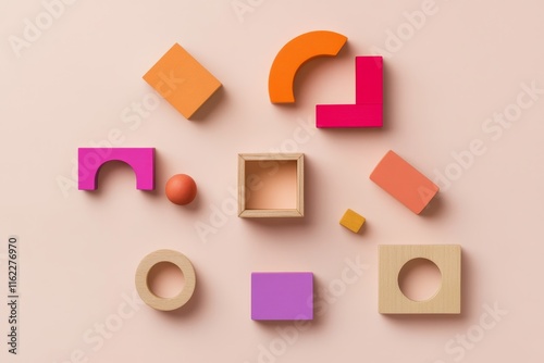 Colorful Wooden Geometric Blocks Playful Arrangement - Colorful wooden blocks, geometric shapes, playful arrangement, educational toy, creative design.  Symbolizing creativity, learning, childhood, pl photo