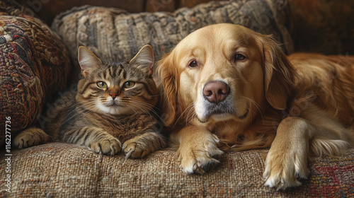 Wallpaper Mural cheerful Golden Retriever and playful cat relaxing together on cozy couch Torontodigital.ca