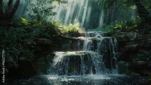 A small waterfall in a forest, cascading down rocks, representing the peaceful and soothing blessings of nature flow. 
