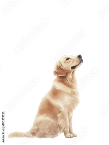 A golden retriever is sitting on a white background