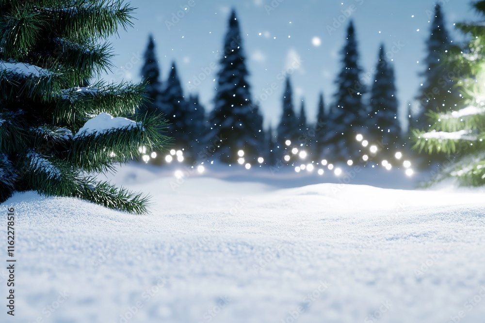 A serene snowy landscape with evergreen trees and soft glowing lights. A serene snowy landscape with evergreen trees and soft glowing lights.