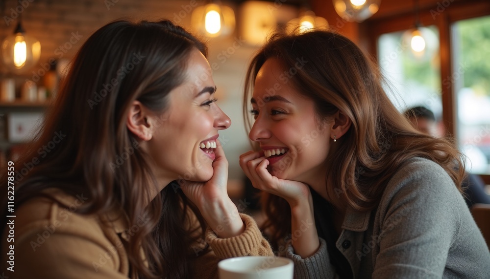 Two friends sharing a secret in a cozy cafe, close-up with playful smiles and soft light Two friends sharing a secret in a cozy cafe, close-up with playful smiles and soft light