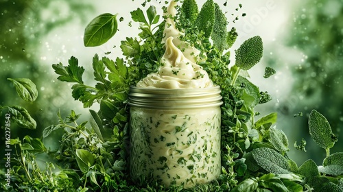 Fresh herbs blend with creamy mayonnaise for a vibrant culinary experience photo