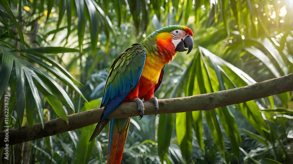 Obraz premium A striking parrot with bright feathers sits on a branch,