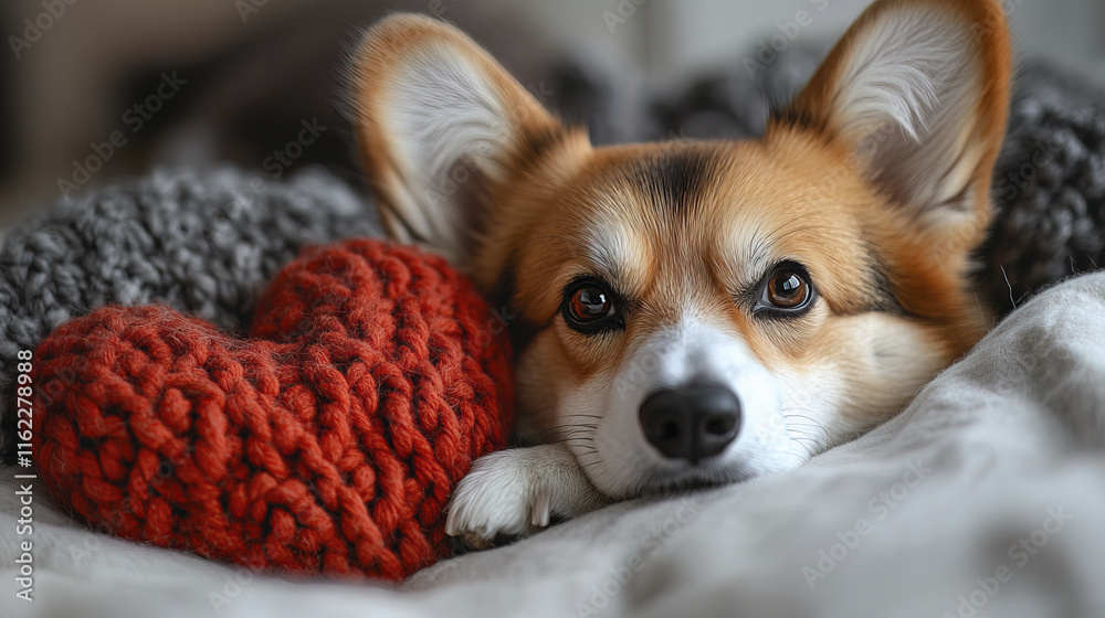 Corgi resting on soft blanket with red heart pillow, looking adorable Corgi resting on soft blanket with red heart pillow, looking adorable