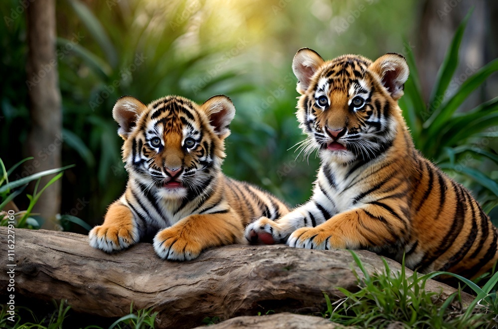 Two adorable tiger cubs, playfully exploring a lush green environment, capture the essence of the wild. Two adorable tiger cubs, playfully exploring a lush green environment, capture the essence of the wild.