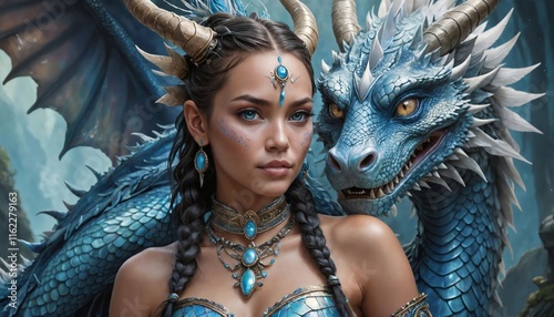 Mystical encounter between a dragon and a warrior princess in an enchanted realm