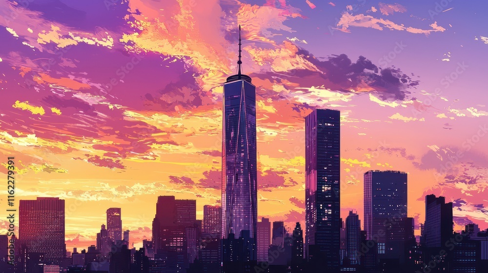 Fototapeta premium Vibrant sunset over a city skyline with towering buildings.