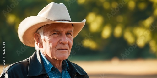 Old cowboy reflecting on a life spent working the land under the golden sun photo