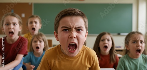 Children expressing emotions in a lively classroom setting during a fun activity