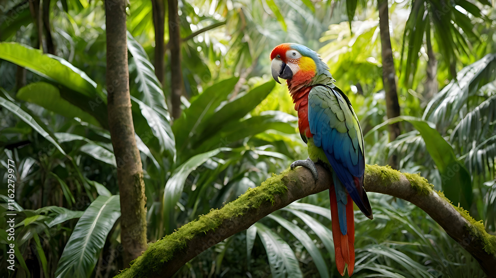 A colorful parrot resting on a branch in this jungle A colorful parrot resting on a branch in this jungle