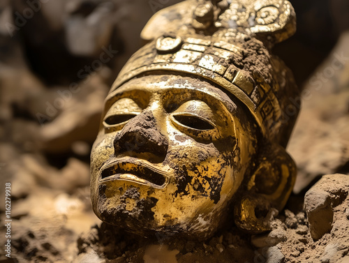 Inca indian ritual figurine from gold. An ancient idol found in the ground. Aztec, Maya totem sculpture, religious symbol. Maya ancient civilization culture and traditions. Ethnic Indigenous design