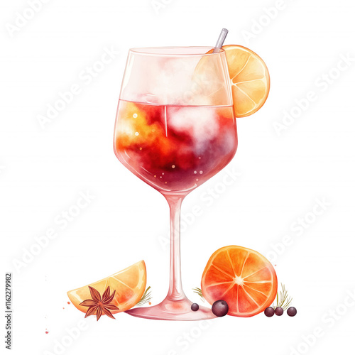 A glass of wine with a slice of orange and a sprig of rosemary