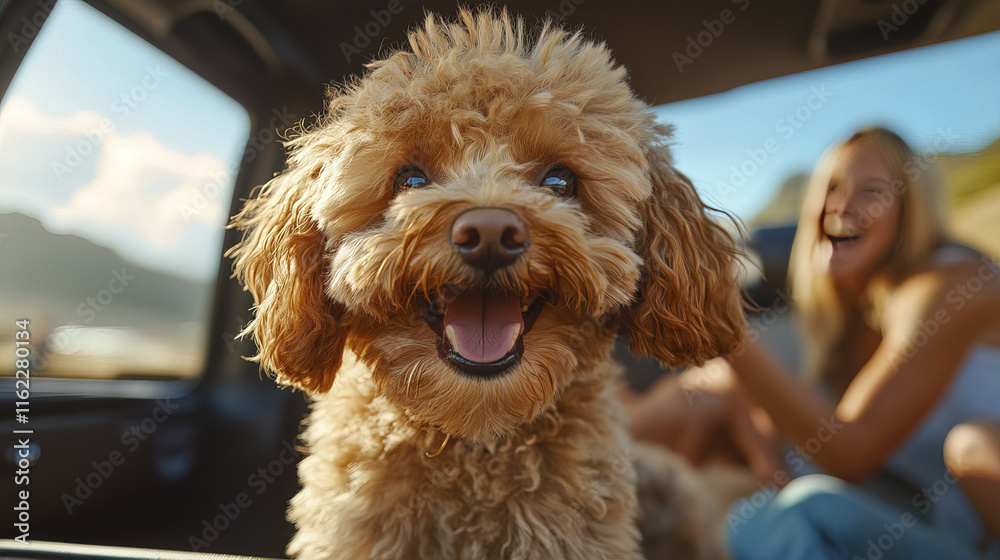 Fluffy poodle dog smiling happily in car with joyful person Fluffy poodle dog smiling happily in car with joyful person