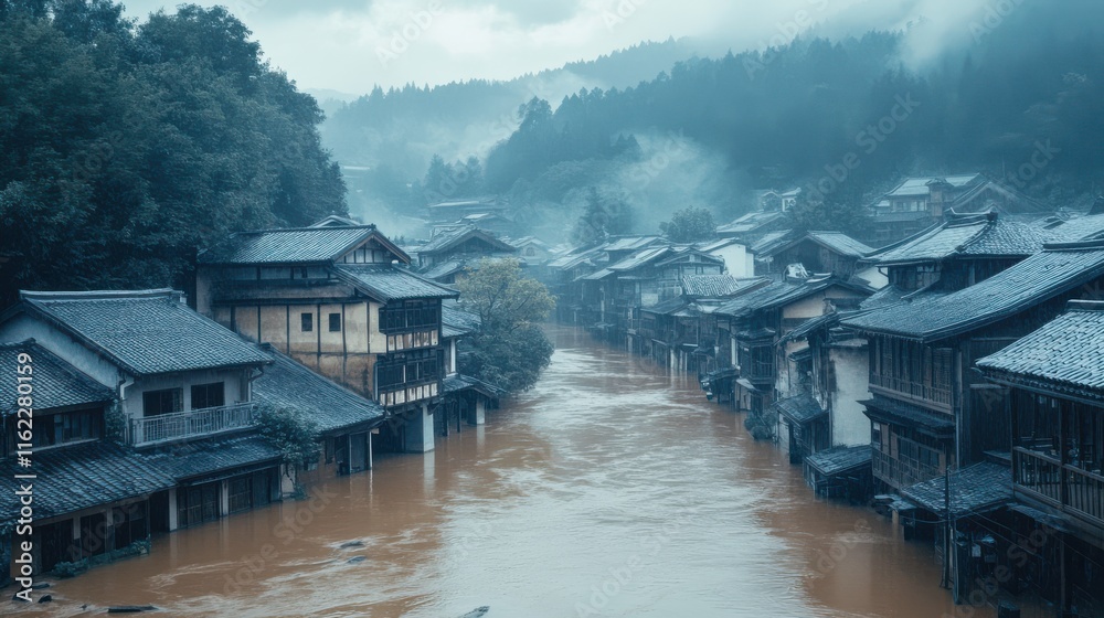 Fototapeta premium Extreme Weather in a Small Riverside Village