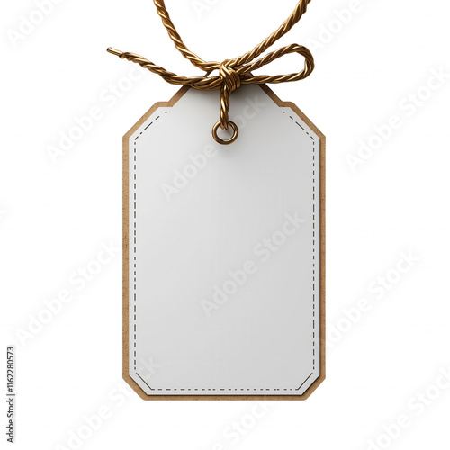 A white tag with a brown border and a gold rope hanging from it