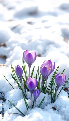 Crocuses - blooming purple flowers making their way from under the snow in early spring, closeup with space for text, 8k unreal engine photorealism, with white tones
