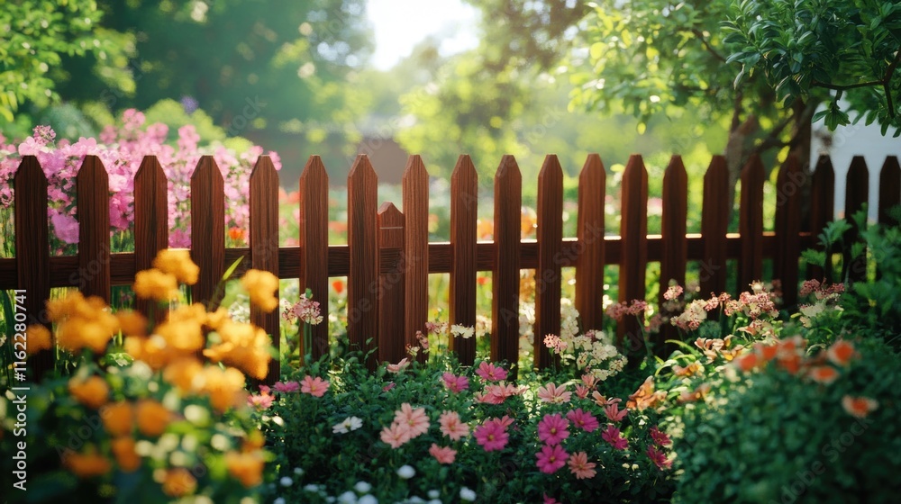 Wooden Fence Surrounded by Flowers and Trees Wooden Fence Surrounded by Flowers and Trees