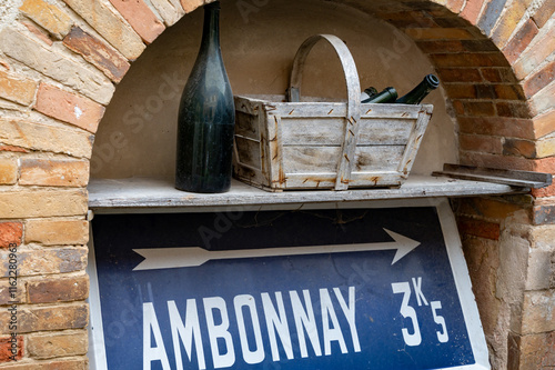 Visit of old champagne grower and producent in grand cru small village Ambonnay, Champagne, France. Old equipment, vintage objects photo