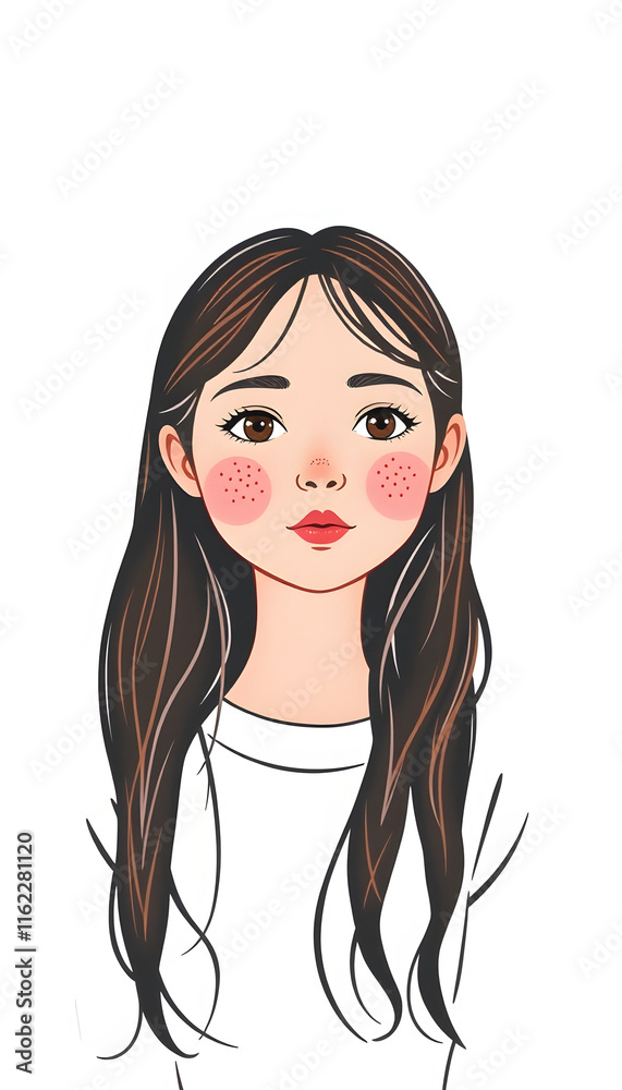 tender brunette girl with freckles on face isolated on grey, flat papercut style, with white tones tender brunette girl with freckles on face isolated on grey, flat papercut style, with white tones