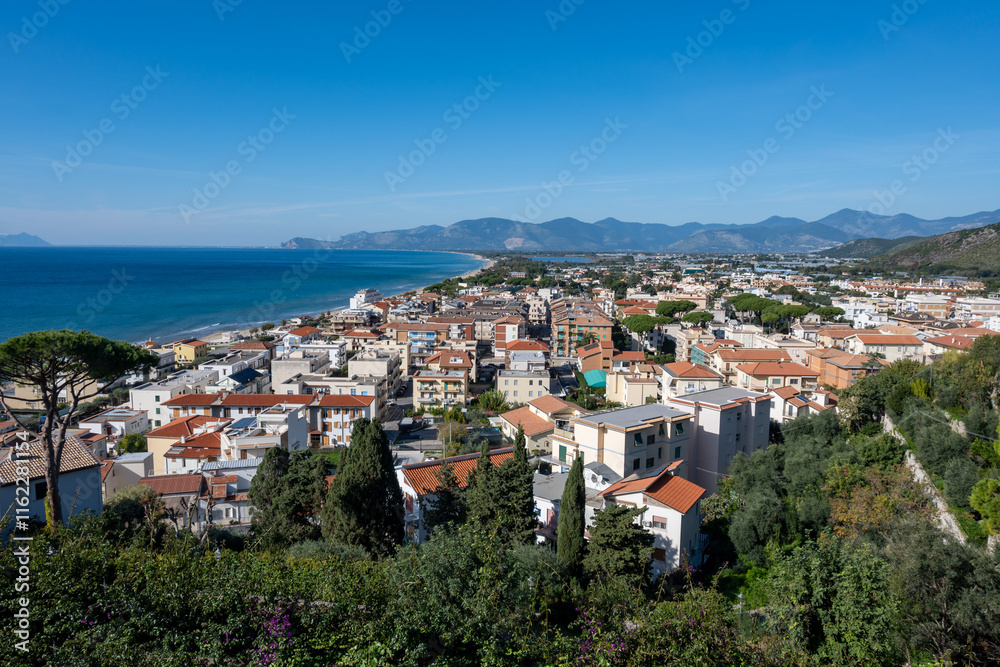 View on medieval small touristic coastal town Sperlonga and sea shore, Latina, Italy View on medieval small touristic coastal town Sperlonga and sea shore, Latina, Italy