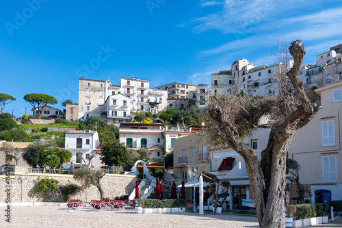 Fototapeta Naklejka Na Ścianę i Meble -  White old houses and narrow streets in medieval small touristic coastal town Sperlonga, Latina, vacation in Italy