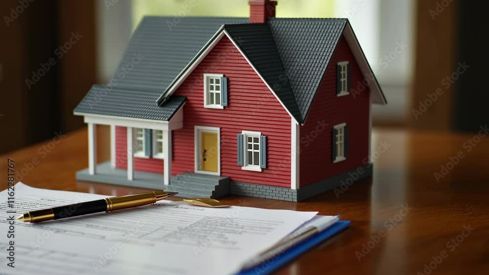 Model house sits on a desk next to paperwork during a home buying process in a cozy indoor setting Model house sits on a desk next to paperwork during a home buying process in a cozy indoor setting