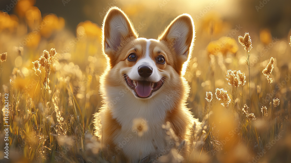 happy Corgi sitting in field of flowers, tongue out, enjoying nature happy Corgi sitting in field of flowers, tongue out, enjoying nature
