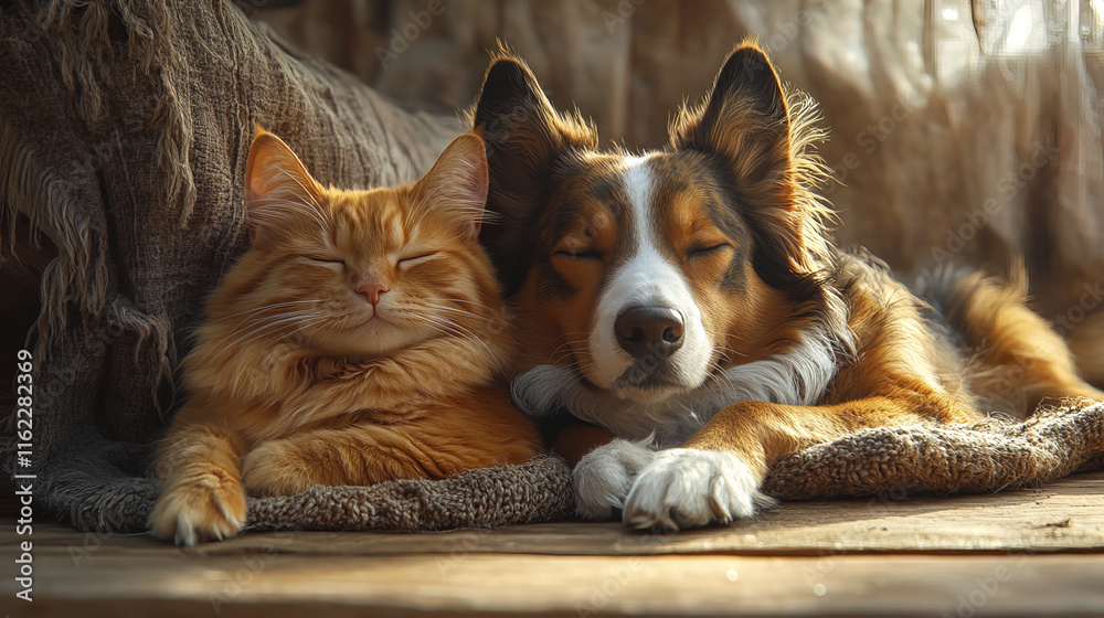 happy Border Collie resting next to ginger cat in cozy setting happy Border Collie resting next to ginger cat in cozy setting
