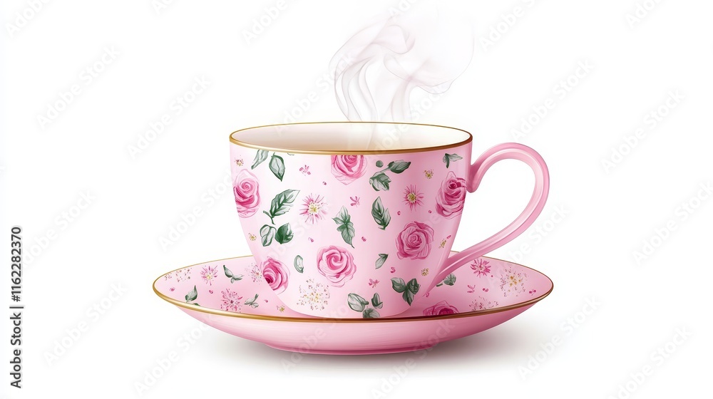 Fototapeta premium Elegant Pink Floral Teacup and Saucer Set - Delicate pink teacup and saucer, floral design, hot beverage, morning ritual, serenity.