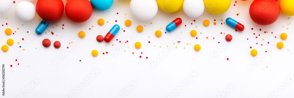 Colorful Pills and Balloons Celebration - Festive image symbolizing health, celebration, joy, medicine, and vibrancy. Colorful pills and balloons scattered on a white background. Colorful Pills and Balloons Celebration - Festive image symbolizing health, celebration, joy, medicine, and vibrancy. Colorful pills and balloons scattered on a white background.