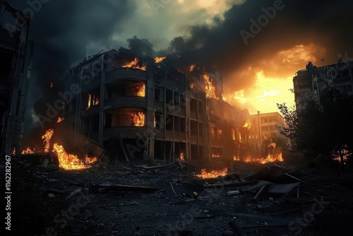 An artistic portrayal of an urban landscape engulfed in flames. photo