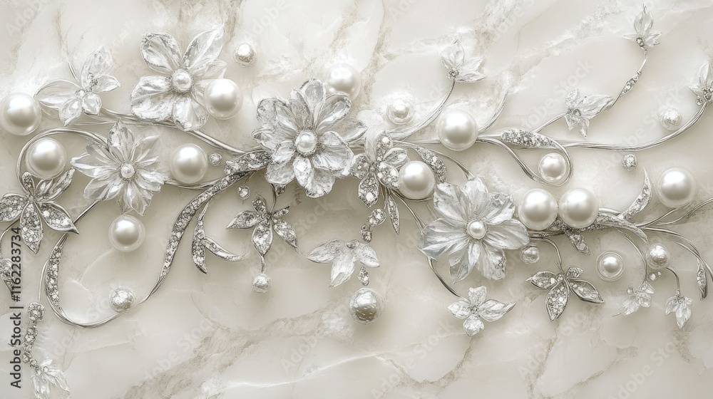 Fototapeta premium Elegant Silver Floral Design with Pearls