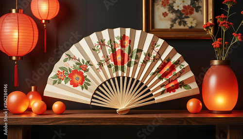 Traditional Chinese fan adorned with floral patterns on wooden table, elegance photo