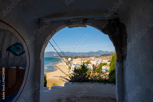 Fototapeta Naklejka Na Ścianę i Meble -  White old houses and narrow streets in medieval small touristic coastal town Sperlonga, Latina, vacation in Italy