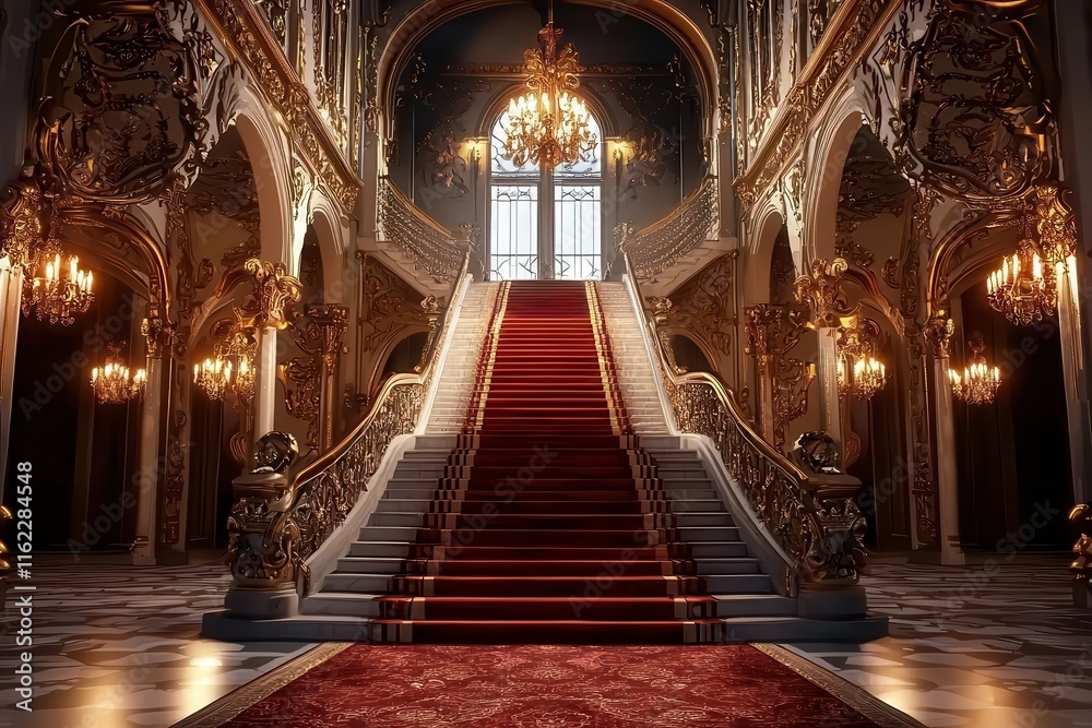 Obraz premium Nighttime view of an ornate staircase in a palace corridor.