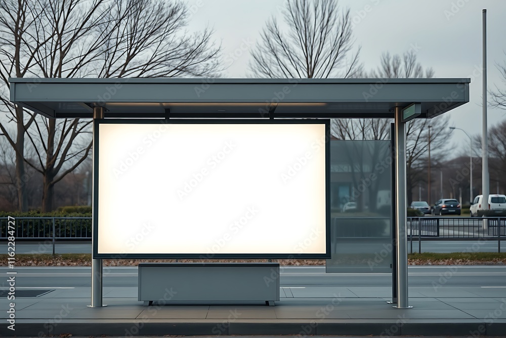 Blank Bus Stop Billboard Mockup: A modern bus stop with a blank billboard, offering an ideal canvas for your advertising message. The urban backdrop adds a sense of realism. Blank Bus Stop Billboard Mockup: A modern bus stop with a blank billboard, offering an ideal canvas for your advertising message. The urban backdrop adds a sense of realism.