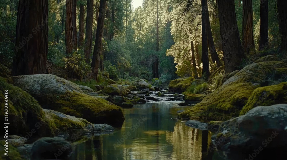 Obraz premium Serene Forest Stream Flows Through Mossy Rocks