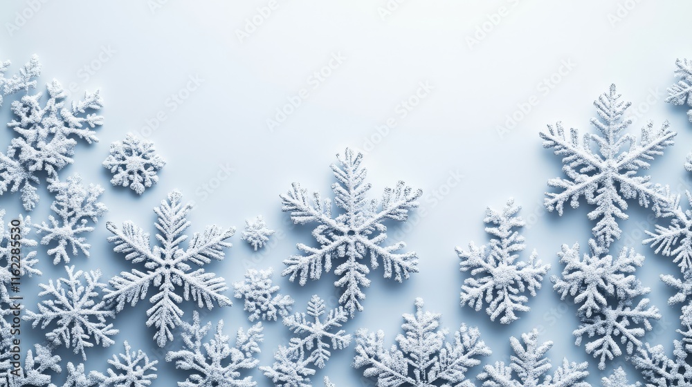 A serene arrangement of delicate snowflakes on a soft blue background, evoking the beauty and tranquility of winter. A serene arrangement of delicate snowflakes on a soft blue background, evoking the beauty and tranquility of winter.